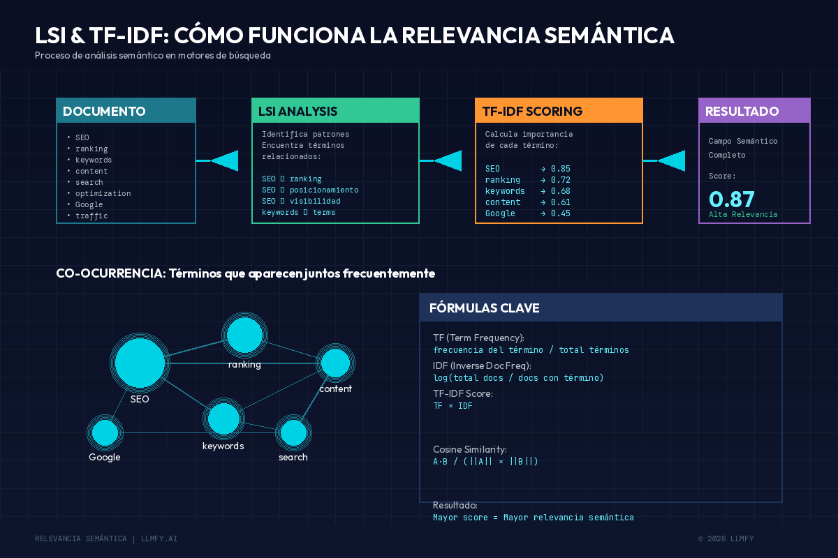 LSI and TF-IDF process infographic explaining how search engines analyze semantic relevance of content